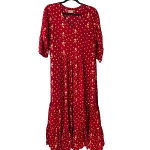 Zola Stunning Red Dainty Cream Flowers 3/4 Sleeve Maxi Dress Cottage Hippie Boho